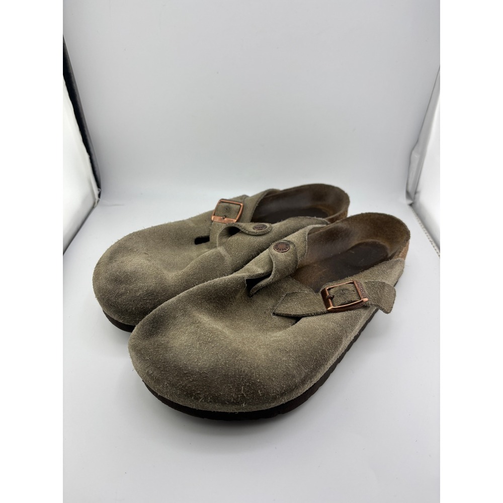 Birkenstock Boston Taupe Suede Clog Mules with Buckle